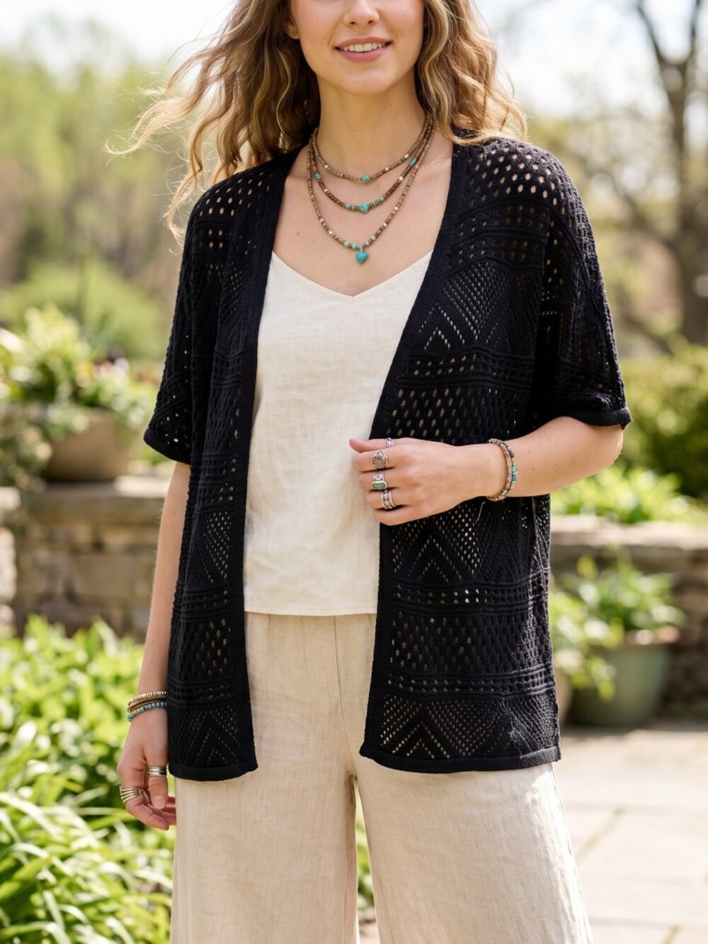 St Johns Bay PXL Black Pointelle Cardigan SS Boho Cottage Fairy Grunge Romantic